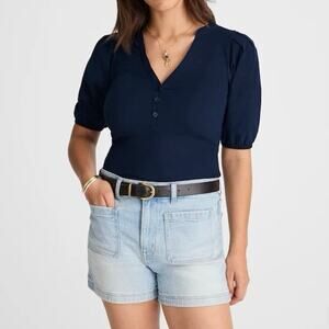 NWT Madewell Puff-Sleeve Thin Ribbed Henley Knit Top Midnight Navy Size Small